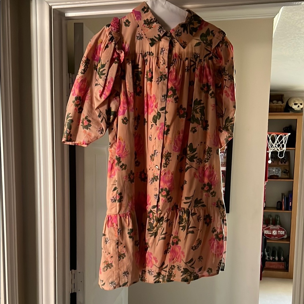 Entro Pink and Green Babydoll Dress with Puff Sleeves
